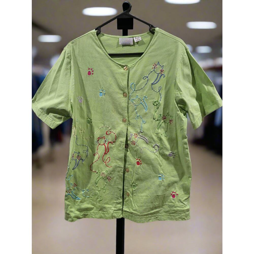 Vintage Tropico Green Medium Ladies Embroidered Cats Themed Button Down Shirt